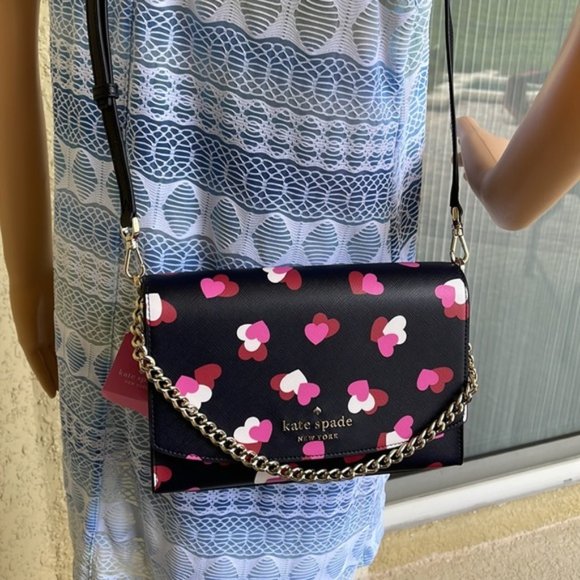 Kate Spade Carson Flutter Hearts Printed Convertible Crossbody Black Multi - Picture 12 of 14